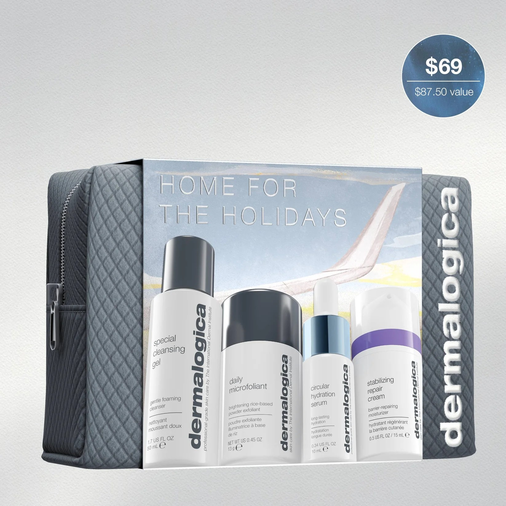 DERMALOGICA HOME FOR THE HOLIDAYS SET (4 TRAVEL-SIZE + BAG) - travel essentials